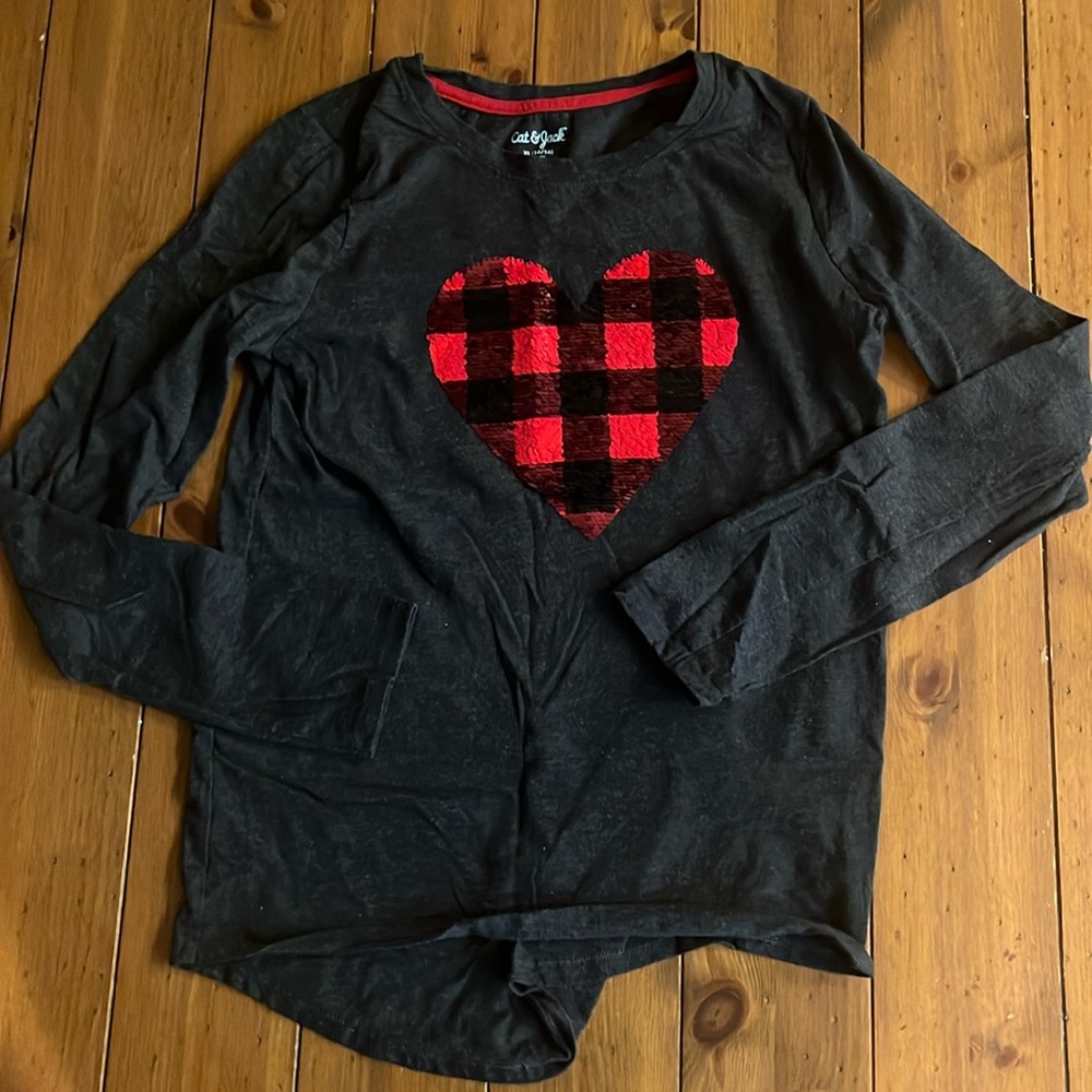 Kids long sleeve plaid heart sequin shirt
